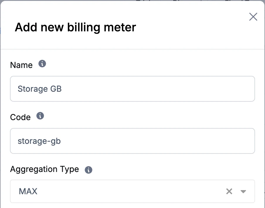 Add new billing meter form in the Aviate catalog: name Storage GB, code storage-gb, aggregation type MAX.