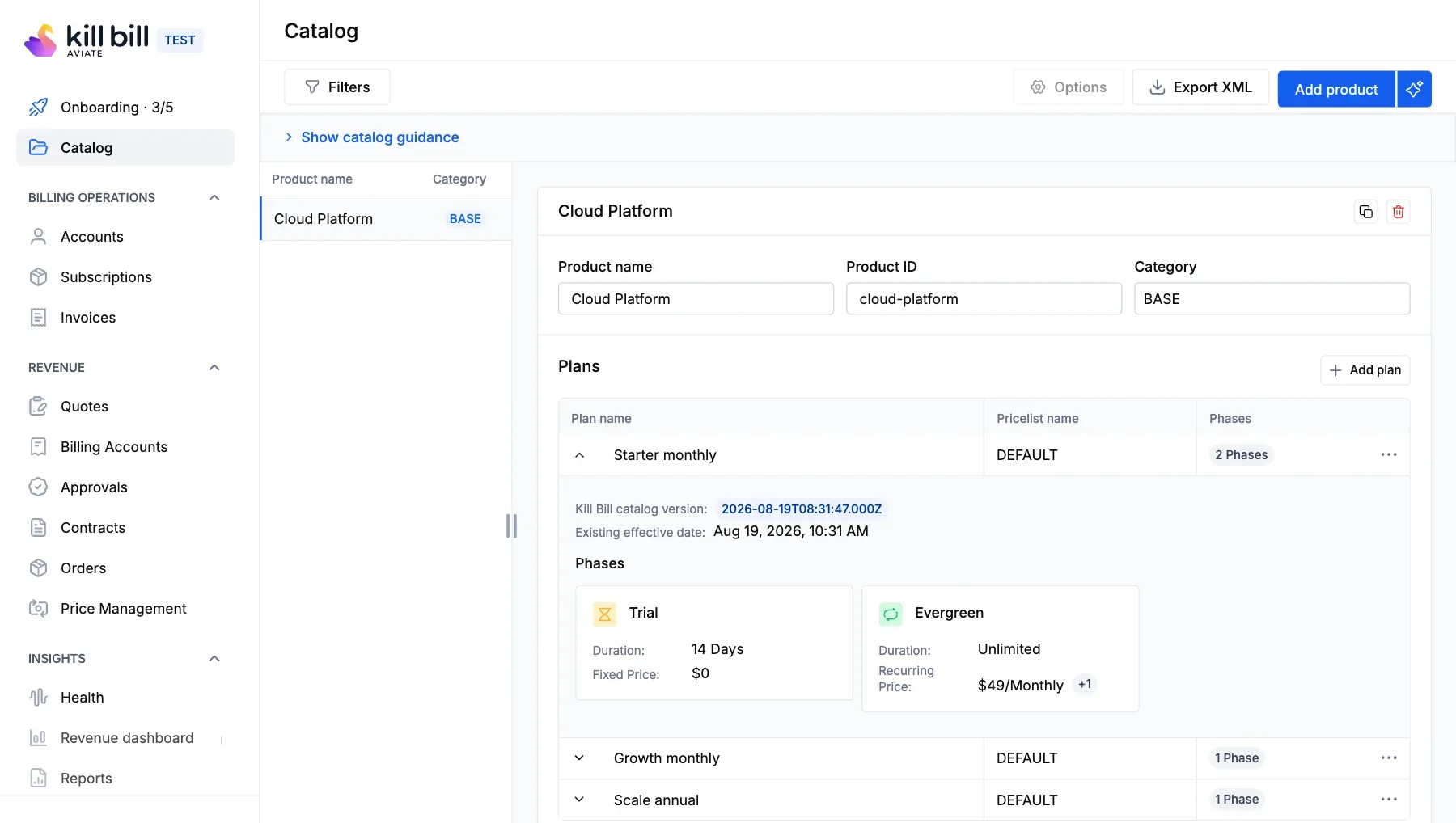 Aviate catalog page with the product Cloud Platform, category BASE, and its plans Starter monthly, Growth monthly and Scale annual. Starter monthly is expanded and shows a 14-day trial at 0 dollars and an evergreen phase at 49 dollars a month.