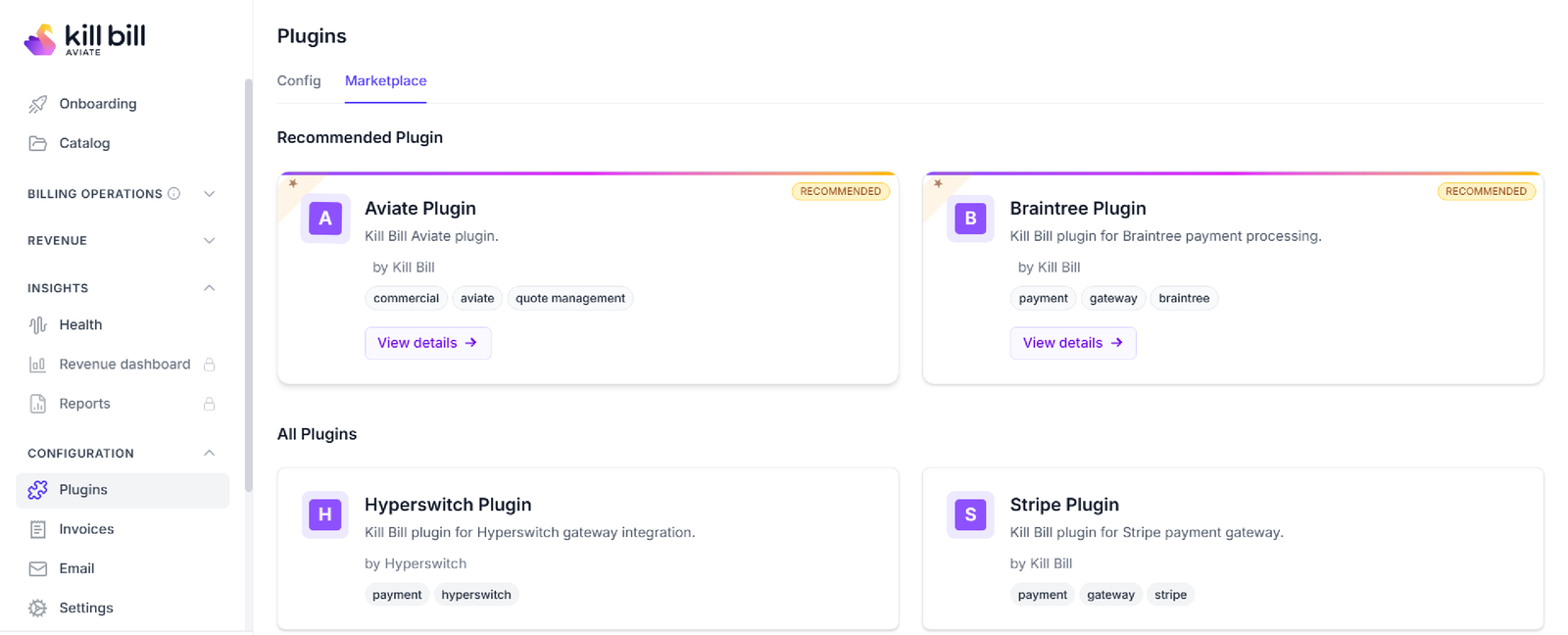 Aviate: a menu with Catalog, Billing Operations, Revenue, Health, Plugins, Invoices, Email and Settings, and a plugin marketplace with the Aviate, Braintree, Hyperswitch and Stripe plugins.