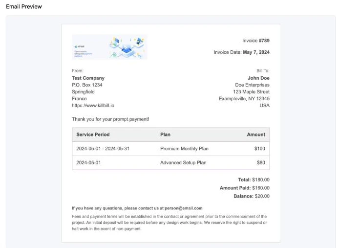 The live preview of an invoice email in the Aviate email template editor, with company details, service periods, plans and amounts