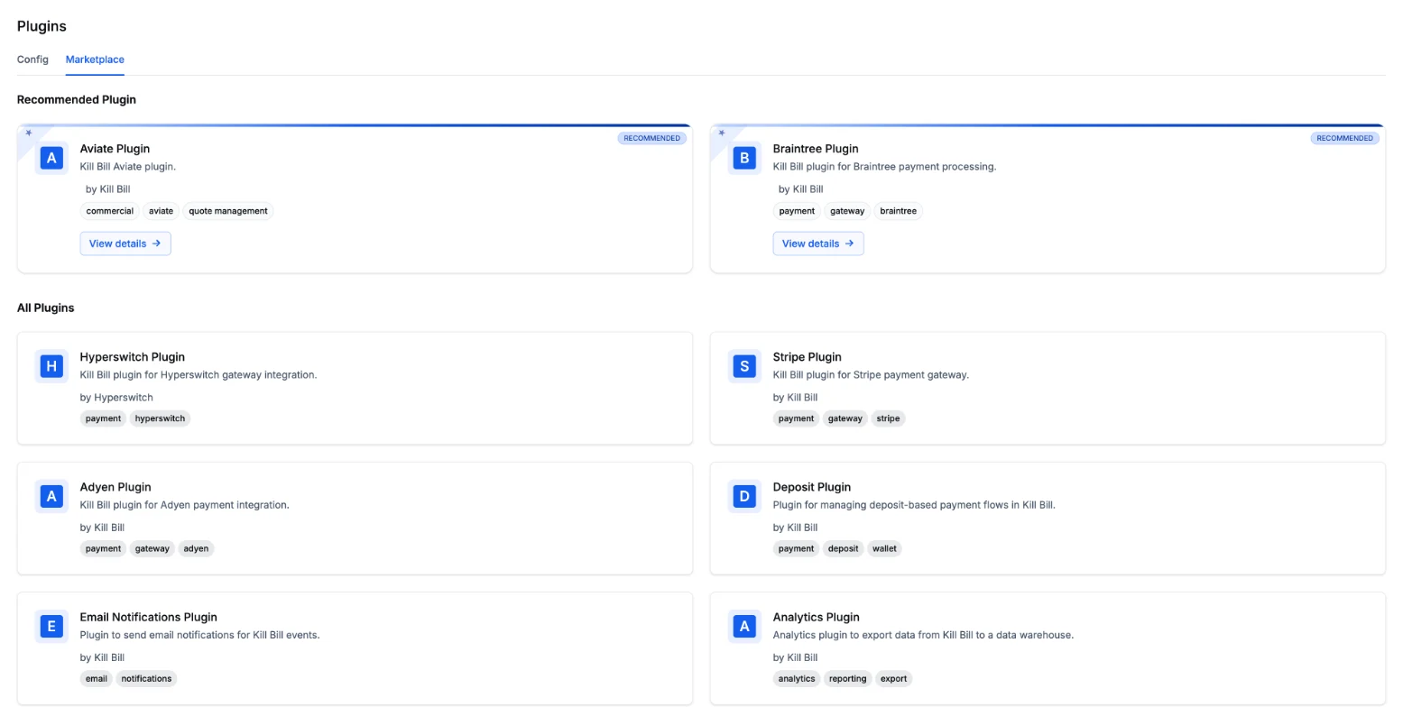 Plugin marketplace in Aviate: the Aviate plugin and the Braintree plugin are recommended, followed by the Hyperswitch, Stripe, Adyen, Deposit, Email Notifications and Analytics plugins, with their tags.