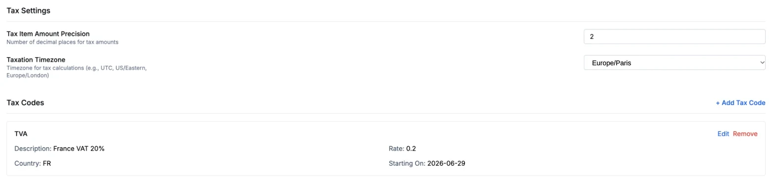 Aviate tax settings: tax item amount precision 2, taxation timezone Europe/Paris, and a tax code TVA described as France VAT 20%, rate 0.2, country FR, starting on 29 June 2026.