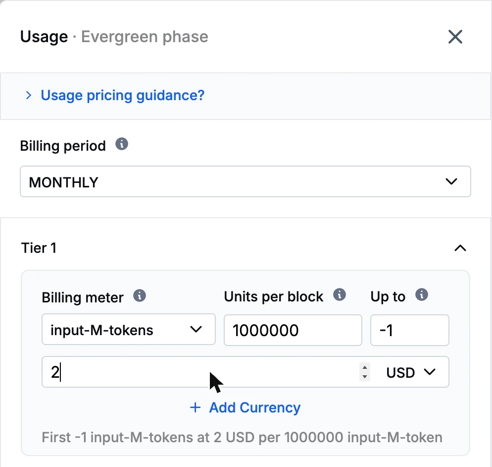 Usage pricing panel of the Aviate catalog for the usage-monthly plan: monthly billing period, billing meter input-M-tokens, blocks of 1,000,000 units with no upper limit, priced at 2 USD per block.