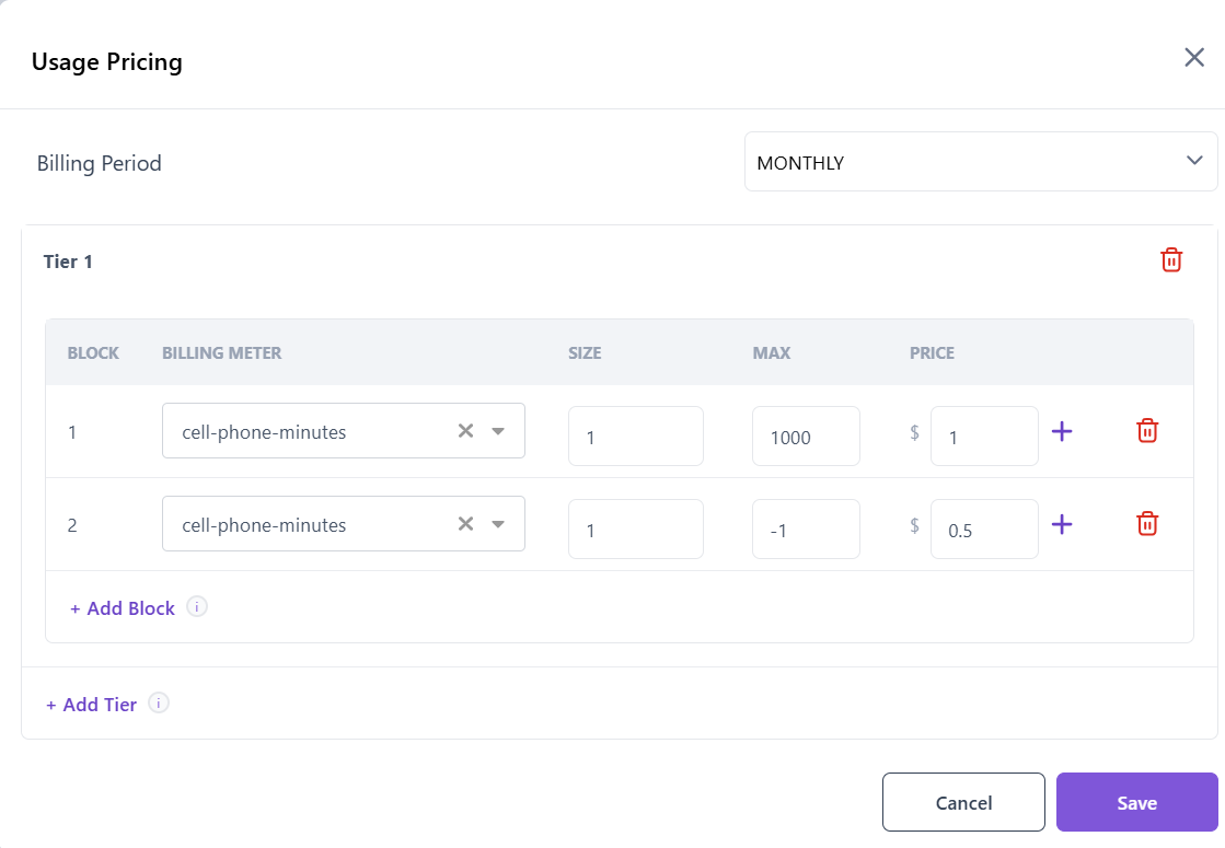 Aviate usage pricing screen: a monthly billing period with two price blocks on one billing meter.