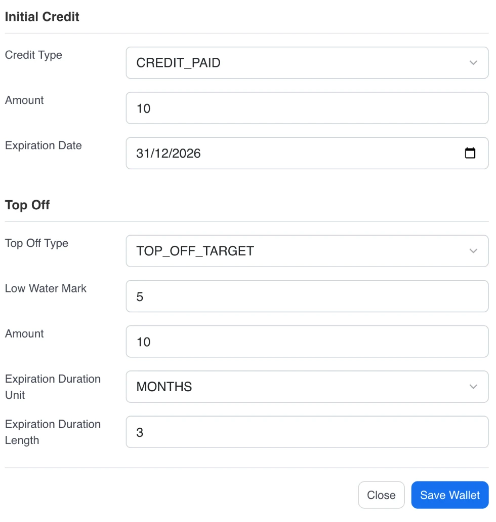 Wallet setup form in Kaui with Aviate: paid credit of 10, expiring December 31, 2026, top-off type TOP_OFF_TARGET with a low water mark of 5 and an amount of 10.